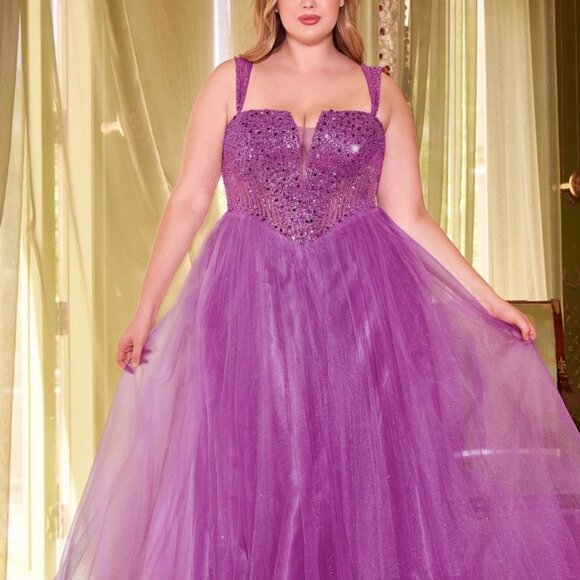 strapless open back dress Purple Sweetheart Black Lace Appliques Long Prom Dress Ball Gowns,DP11 –  DSProm